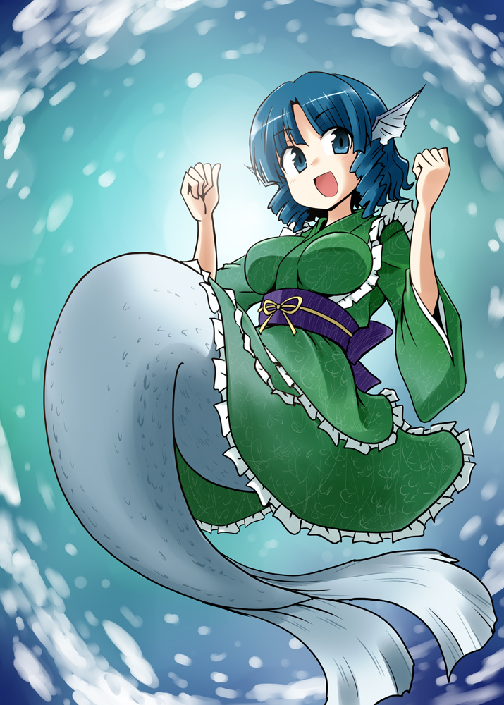 1girl blue_eyes blue_hair drill_hair fish_tail head_fins japanese_clothes kousei_(public_planet) mermaid monster_girl solo touhou wakasagihime wide_sleeves