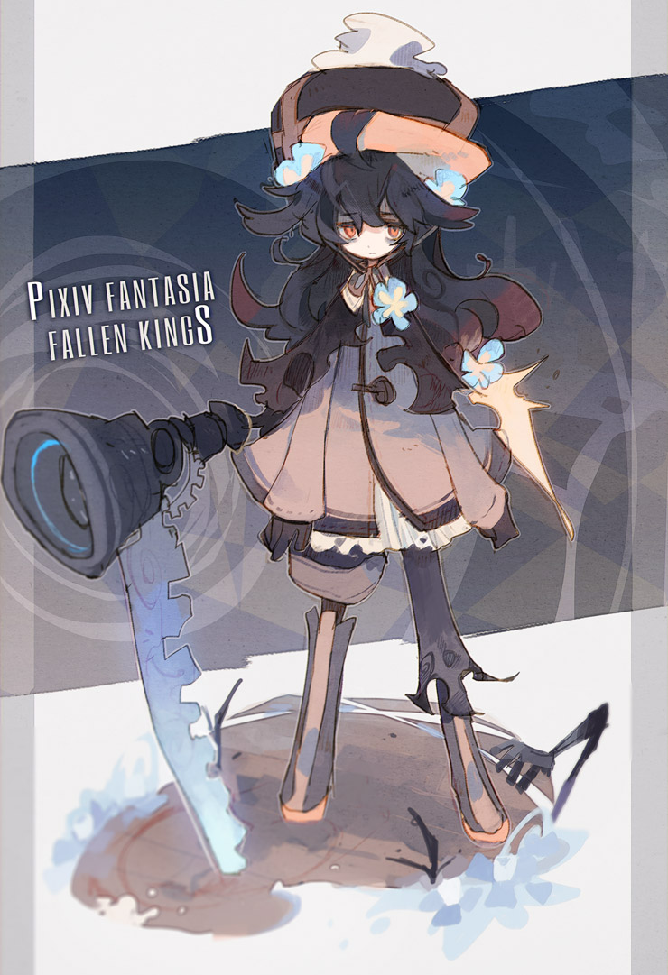 1girl backcutter black_hair boots capelet coat expressionless flower full_body hat knee_boots long_hair orange_eyes pants pants_rolled_up pixiv_fantasia pixiv_fantasia_fallen_kings standing telescope torn_clothes torn_pants tunic wavy_hair