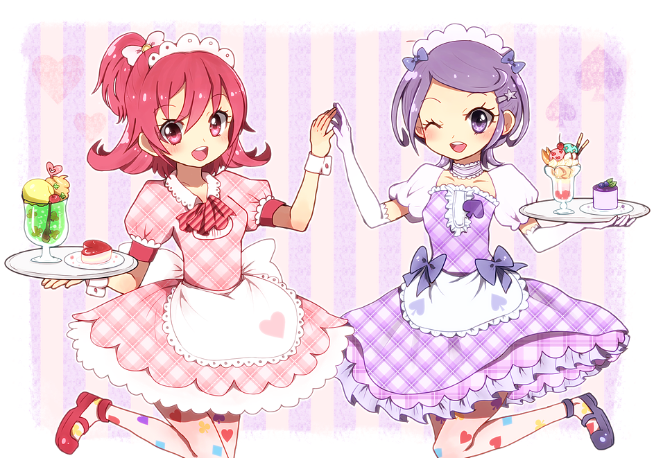 2girls aida_mana ako_(pixiv1850596) apron arm_warmers choker detached_sleeves dokidoki!_precure dress eyelashes fingerless_gloves food gloves hair_flip hair_ornament hair_ribbon hairclip half_updo happy headdress kenzaki_makoto looking_at_viewer maid maid_apron maid_headdress multiple_girls open_mouth pantyhose pink_dress pink_eyes pink_hair precure puffy_sleeves purple_dress purple_hair ribbon shoes short_hair smile standing tagme tart violet_eyes waitress white_gloves wrist_cuffs