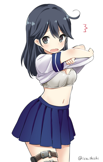 1girl black_hair blush bra breasts ica kantai_collection long_hair navel open_mouth personification school_uniform serafuku simple_background skirt solo thigh_strap underwear undressing ushio_(kantai_collection) white_background white_bra