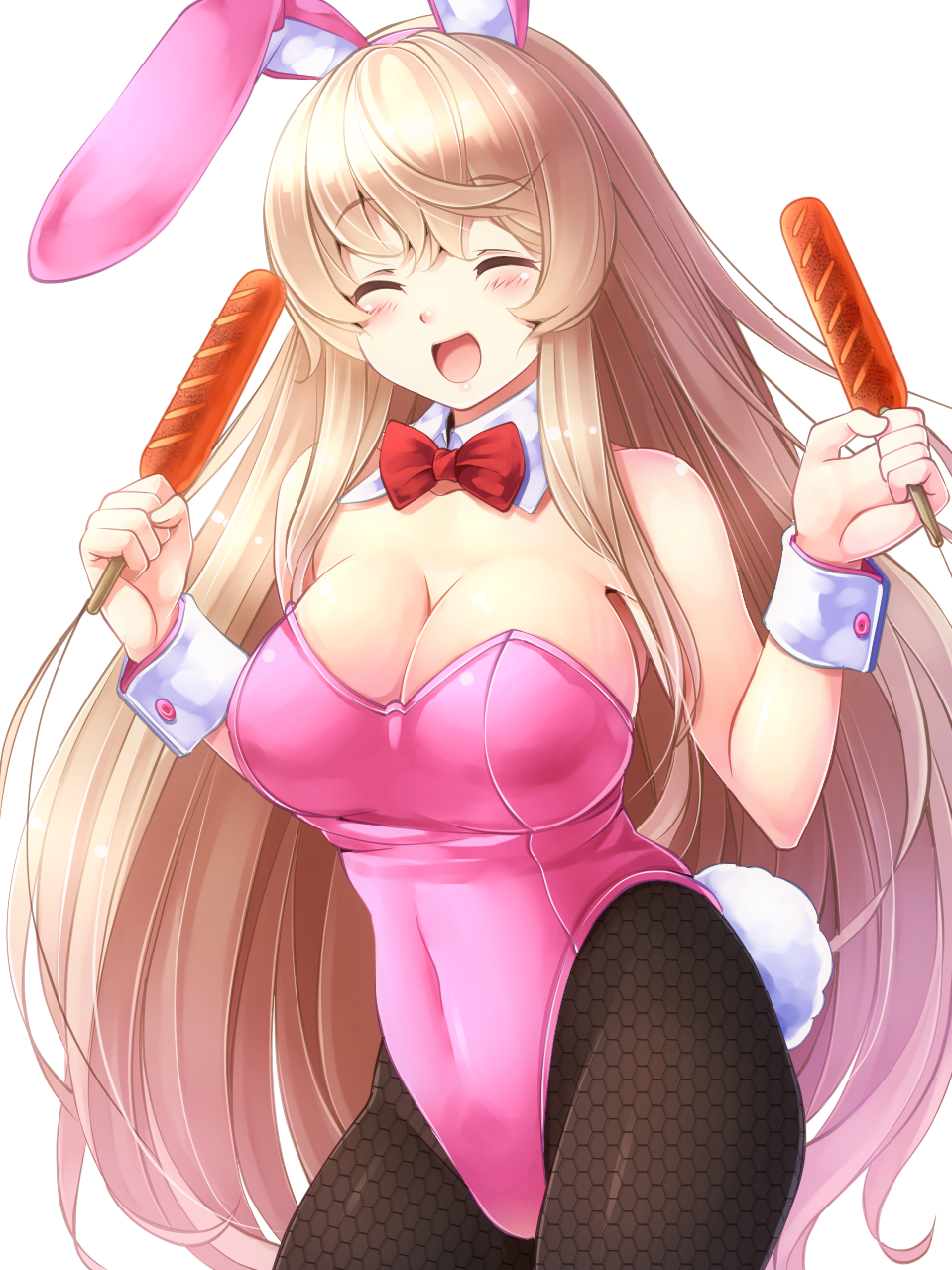 1girl animal_ears blonde_hair blush breasts bunny_tail bunnysuit cleavage closed_eyes detached_collar highres honeycomb komitsu large_breasts leotard long_hair pantyhose rabbit_ears sausage solo tail wrist_cuffs