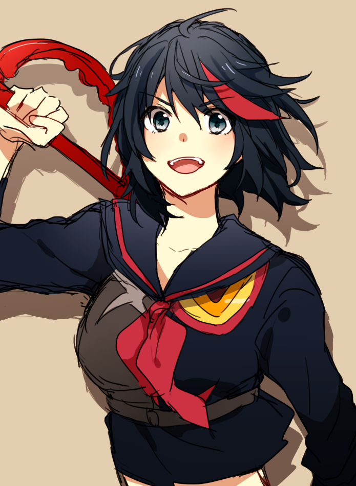 1girl black_hair kill_la_kill matoi_ryuuko multicolored_hair over_shoulder school_uniform scissor_blade senketsu serafuku short_hair smile solo streaked_hair suzuna_(tanaka38) weapon weapon_over_shoulder