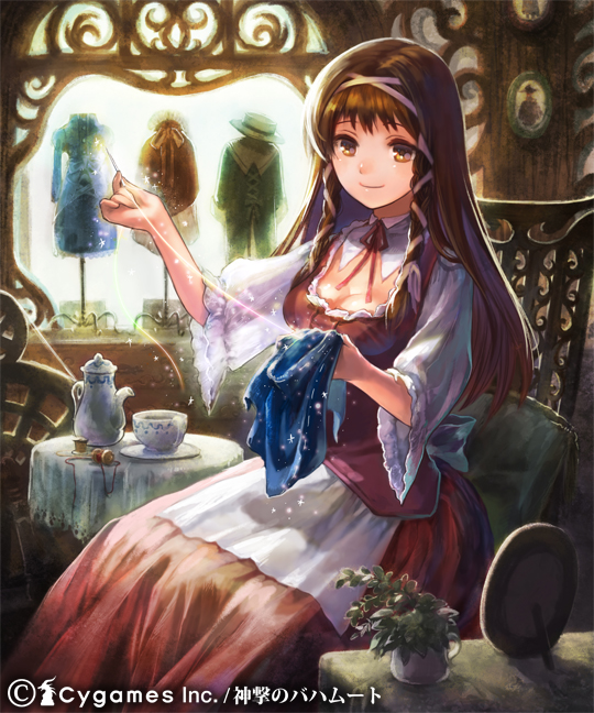 1girl breasts brown_hair chair cleavage cup dress hair_ribbon hat long_hair matsushita_mino official_art payot plate ribbon sewing sewing_needle shingeki_no_bahamut sitting solo table teacup teapot thread window