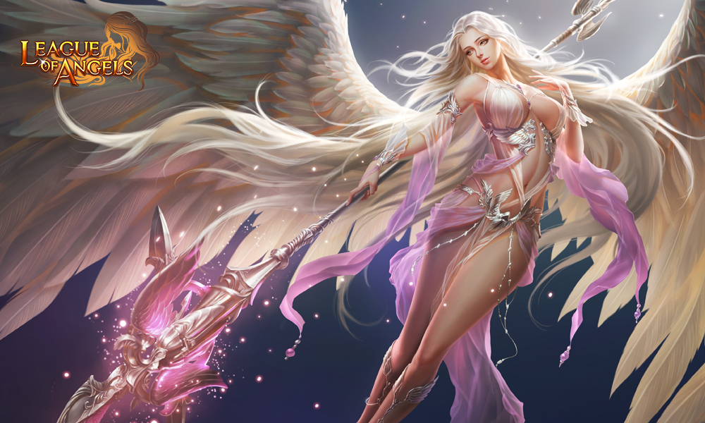 amber_eyes breasts league_of_angels long_hair polearm see-through silver_hair spear weapon wings