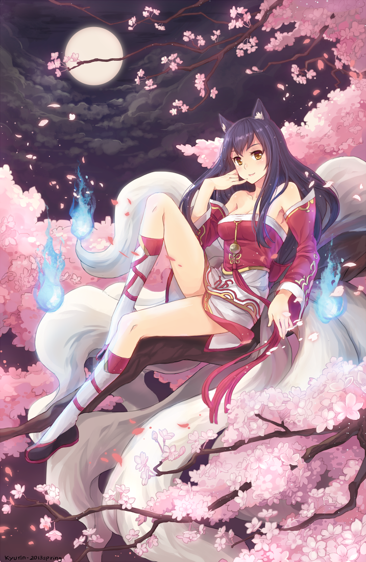 1girl ahri animal_ears bare_shoulders black_hair blue_fire blush brown_eyes cherry_blossoms detached_sleeves dress fire flower fox_ears fox_tail full_moon japanese_clothes kyurin_(sunnydelight) league_of_legends long_hair long_sleeves looking_at_viewer moon multiple_tails smile solo tail tree