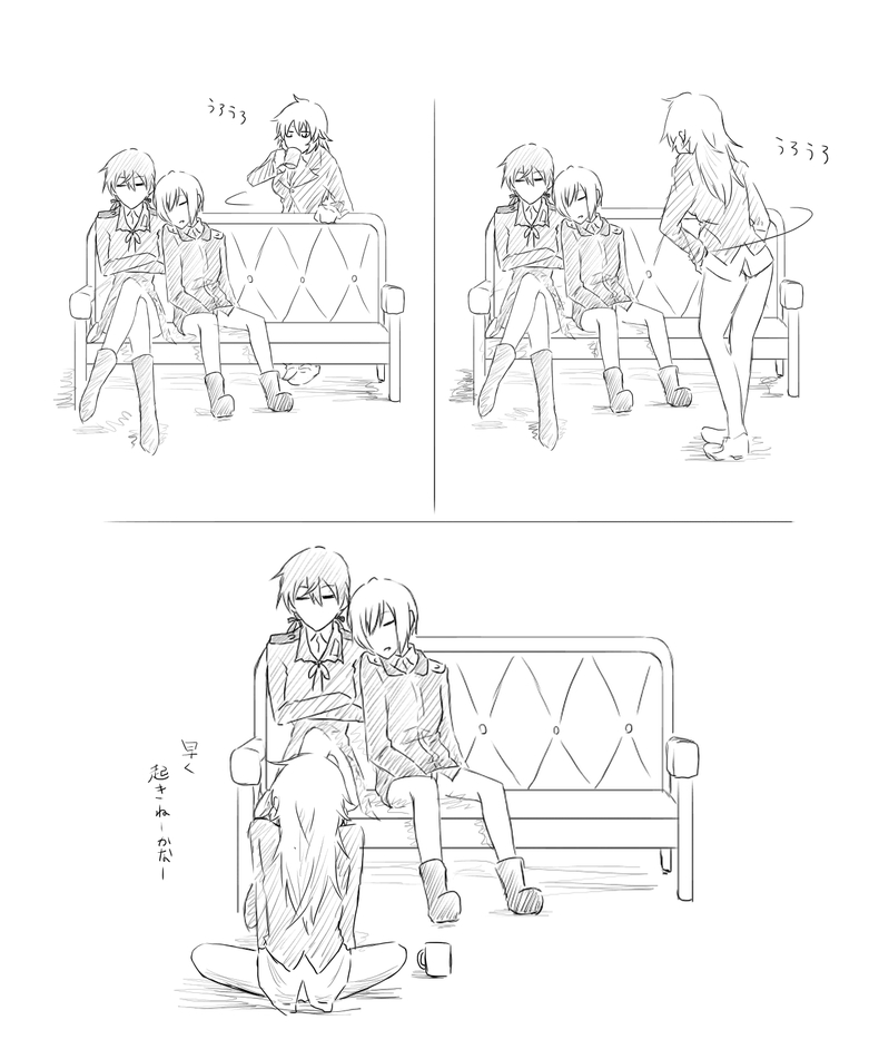 charlotte_e_yeager couch cup erica_hartmann gertrud_barkhorn sleeping strike_witches translation_request