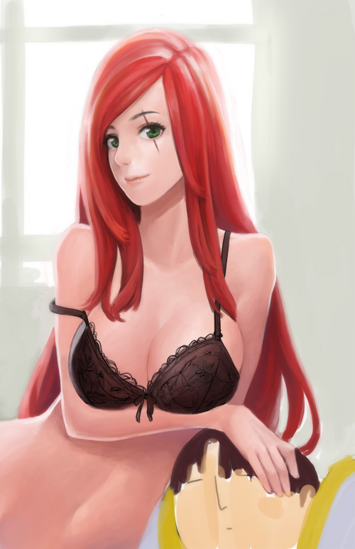 1boy 1girl bare_shoulders black_bra bling_(wnsdud34) bra breasts cleavage garen green_eyes katarina_du_couteau lace_bra large_breasts league_of_legends light_smile lips long_hair navel redhead strap_slip underwear