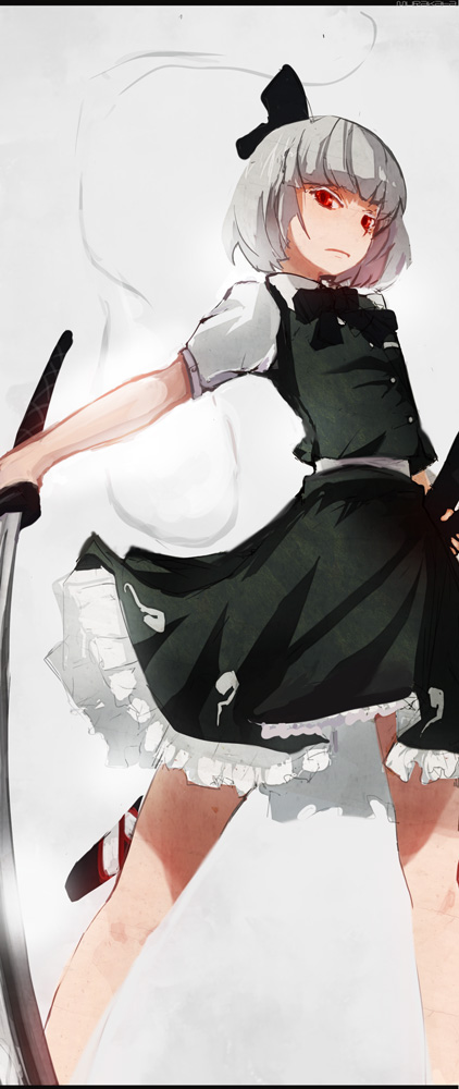 1girl bow grey_hair hair_bow katana konpaku_youmu konpaku_youmu_(ghost) murakata red_eyes short_hair solo standing sword touhou weapon