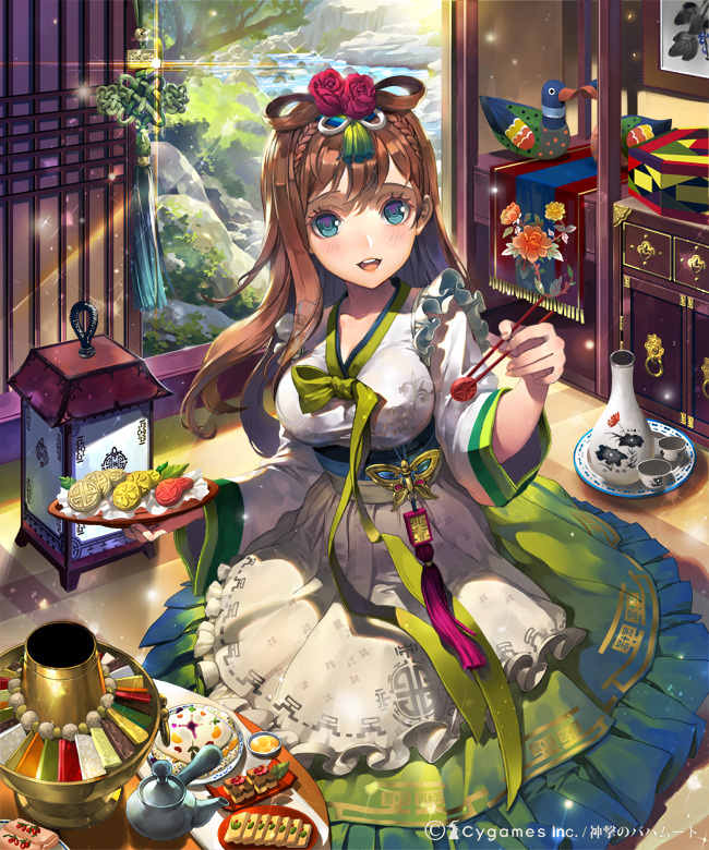 1girl blue_eyes blush brown_hair character_request chinese_clothes dress flower food hanbok hanfu happy long_hair looking_at_viewer open_mouth shingeki_no_bahamut smile tob traditional_clothes