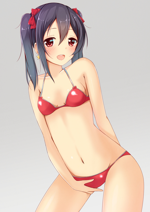 1girl bare_shoulders bikini black_hair blush bow earrings hair_bow jewelry looking_at_viewer love_live!_school_idol_project navel ok-ray open_mouth red_bikini red_eyes simple_background solo swimsuit twintails yazawa_nico
