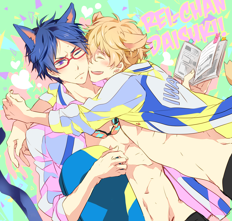 2boys animal_ears blonde_hair blue_hair blush book cat_ears cat_tail closed_eyes free! glasses hazuki_nagisa hug jacket male multiple_boys navel open_mouth romaji ryouko_(lovelovela) ryuugazaki_rei short_hair smile tail violet_eyes wince yaoi