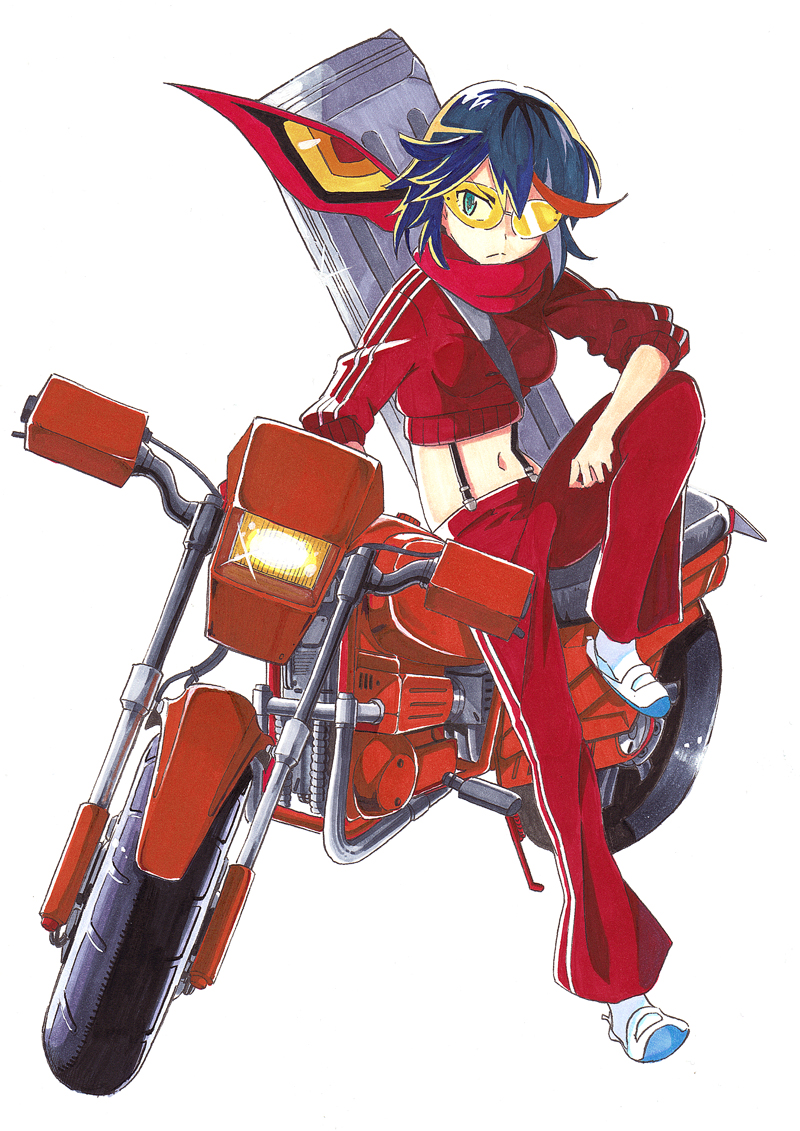 1girl black_hair case kill_la_kill marker_(medium) matoi_ryuuko midriff motor_vehicle motorcycle multicolored_hair navel nib_pen_(medium) scarf senketsu short_hair solo streaked_hair sugi_koutarou sunglasses suspenders track_jacket track_pants track_suit traditional_media vehicle white_background