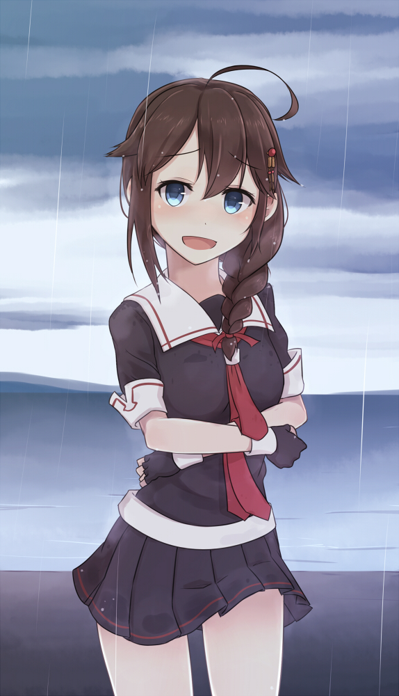 1girl blue_eyes braid brown_hair clouds cloudy_sky crossed_arms fingerless_gloves gloves hair_ornament hairclip island kantai_collection long_hair ocean open_mouth personification pleated_skirt rain rin_yu_shijin school_uniform serafuku shigure_(kantai_collection) single_braid skirt sky smile solo