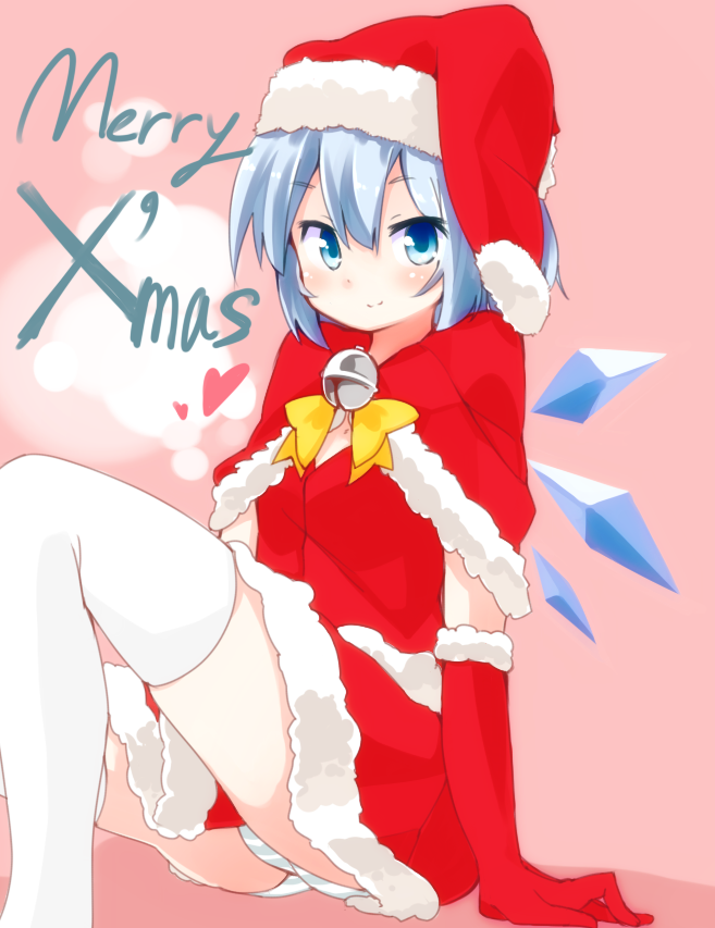1girl bell blue_eyes blue_hair blush cirno exrail gloves hat heart jingle_bell looking_at_viewer merry_christmas panties santa_hat short_hair smile solo striped striped_panties thigh-highs touhou underwear white_legwear