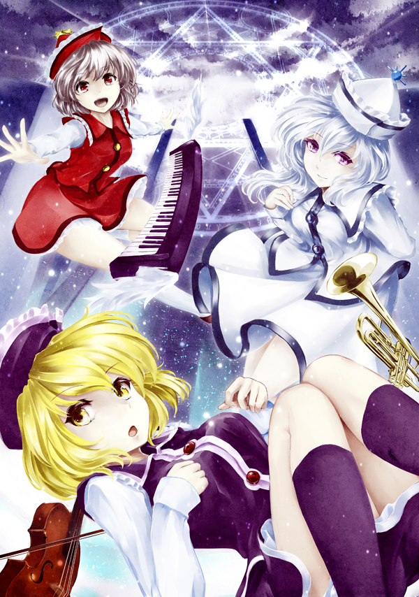 3girls blonde_hair bow_(instrument) breasts clouds cloudy_sky hat hexagram instrument keyboard_(instrument) kz_nagomiya lavender_hair long_sleeves lunasa_prismriver lyrica_prismriver magic_circle merlin_prismriver multiple_girls open_mouth outstretched_arms red_eyes siblings silver_hair sisters skirt skirt_set sky smile spread_arms star_(sky) starry_sky thigh-highs touhou trumpet violet_eyes violin yellow_eyes