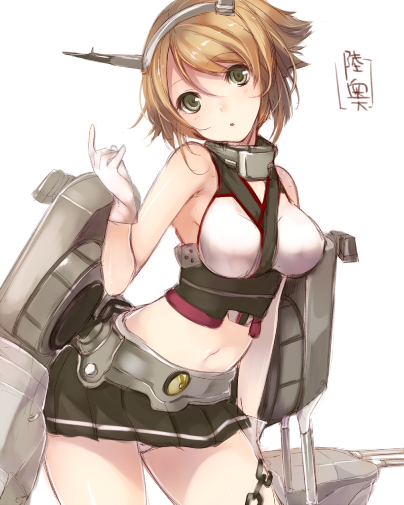 1girl bare_shoulders breasts brown_hair character_name gloves green_eyes head_tilt headgear kantai_collection looking_at_viewer midriff mutsu_(kantai_collection) navel personification short_hair skirt teroru white_background white_gloves