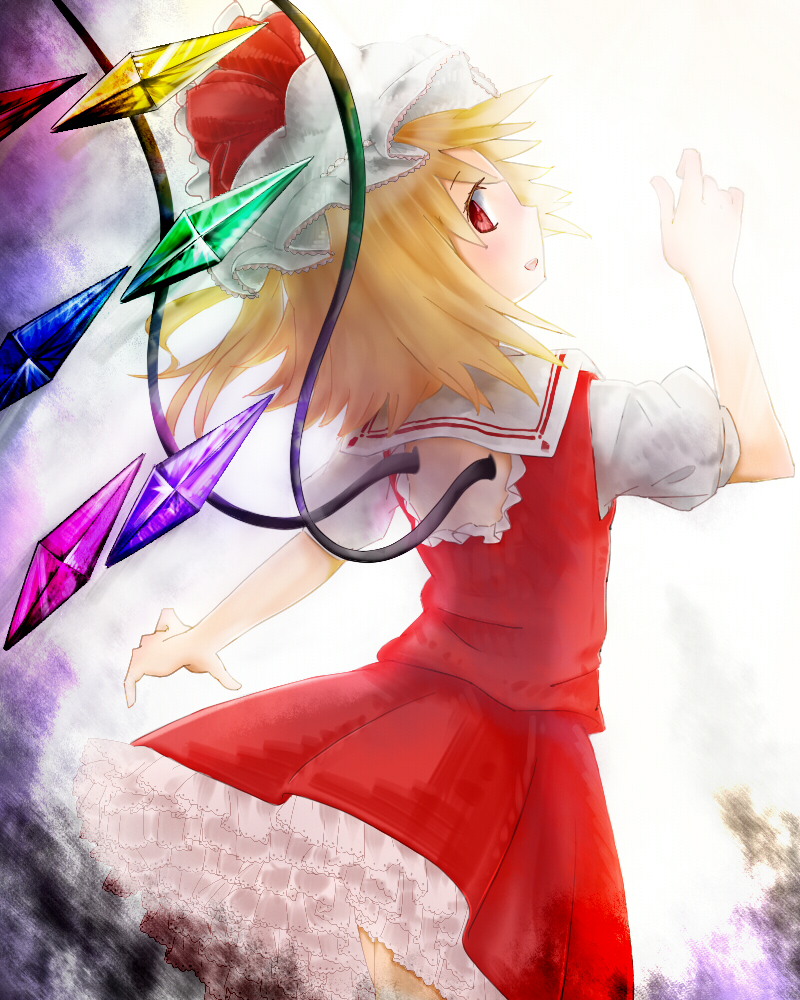 1girl arm_up backlighting blonde_hair flandre_scarlet from_behind gradient gradient_background hat hat_ribbon looking_at_viewer looking_back mob_cap narupegu_(zousanyasan) outstretched_arm parted_lips petticoat raised_hand red_eyes ribbon short_hair skirt skirt_set solo touhou wings