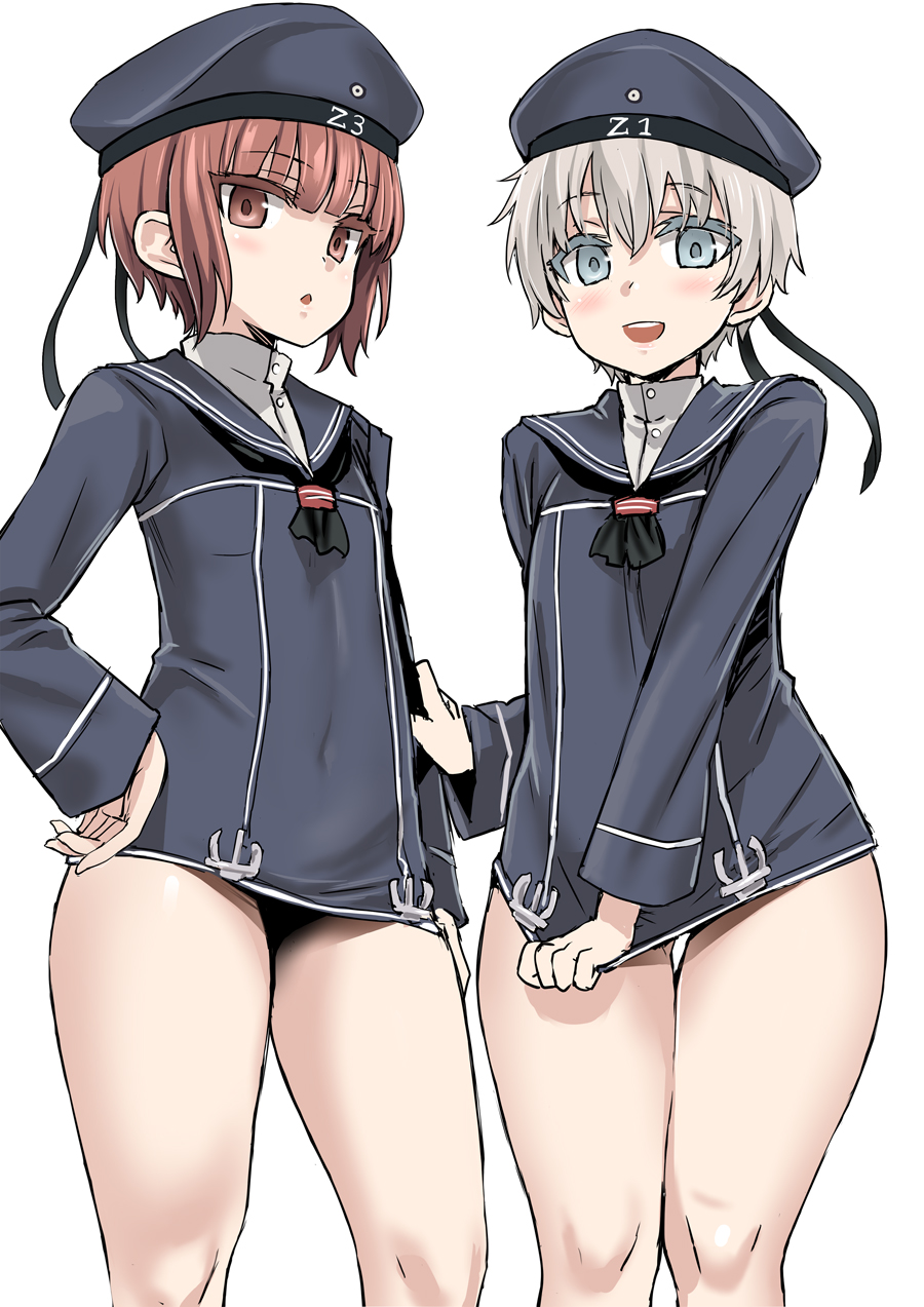 2girls asanagi bare_legs beret blue_eyes blush hat highres kantai_collection looking_at_viewer multiple_girls open_mouth personification red_eyes redhead sailor_collar sailor_dress sailor_hat short_hair silver_hair simple_background white_background z1_leberecht_maass_(kantai_collection) z3_max_schultz_(kantai_collection)
