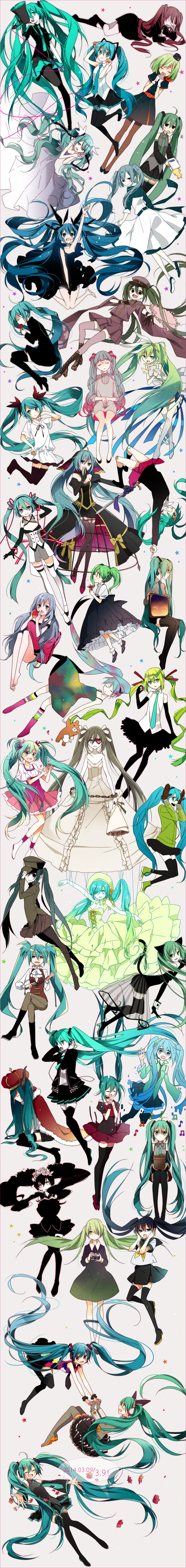 39 2014 6+girls absurdres ahoge aqua_eyes aqua_hair camera closed_eyes dated detached_sleeves dress gloves green_eyes green_hair hat hatsune_miku highres holding_hands long_hair long_image megaphone multiple_girls naoto_(tulip) necktie open_mouth pantyhose paw_pose school_uniform serafuku short_hair skirt songover tall_image thighhighs twintails very_long_hair vocaloid young