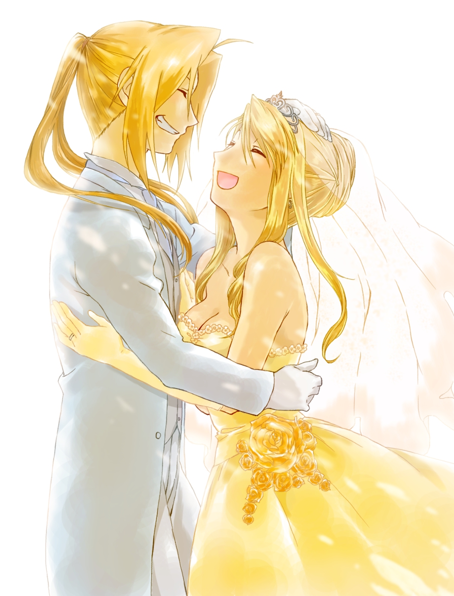 blonde_hair couple edward_elric fullmetal_alchemist grin happy height_difference highres jewelry ring smile spoilers wedding wedding_band winry_rockbell