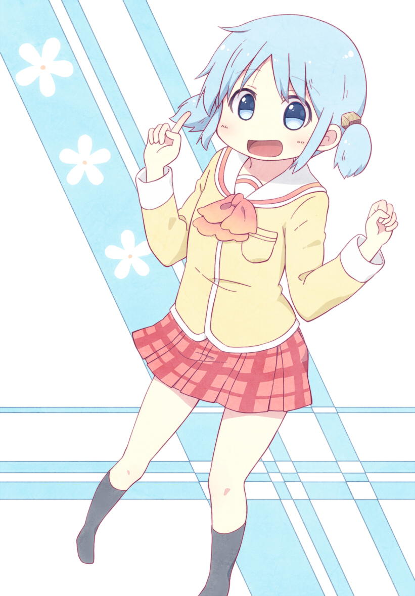 1girl :d blue_eyes blue_hair hair_cubes hair_ornament naganohara_mio nichijou nouzenkazura open_mouth pointing school_uniform short_hair short_twintails smile solo twintails