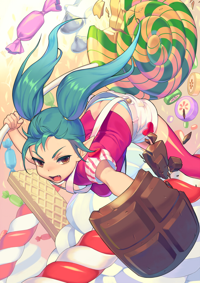 alternate_costume alternate_hair_color alternate_skin_color candy chocolate chocolate_bar fang green_hair league_of_legends lollipop long_hair open_mouth panties pointy_ears poppy shorts striped striped_panties thighhighs twintails underwear weapon yellow_eyes yordle zettai_ryouiki