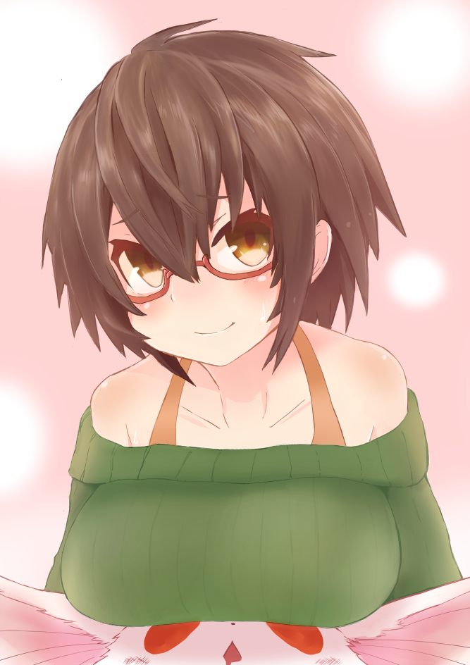 1girl blush breasts brown_eyes brown_hair character_request glasses hasai_(mekkan) large_breasts looking_at_viewer short_hair smile solo yuu-gi-ou