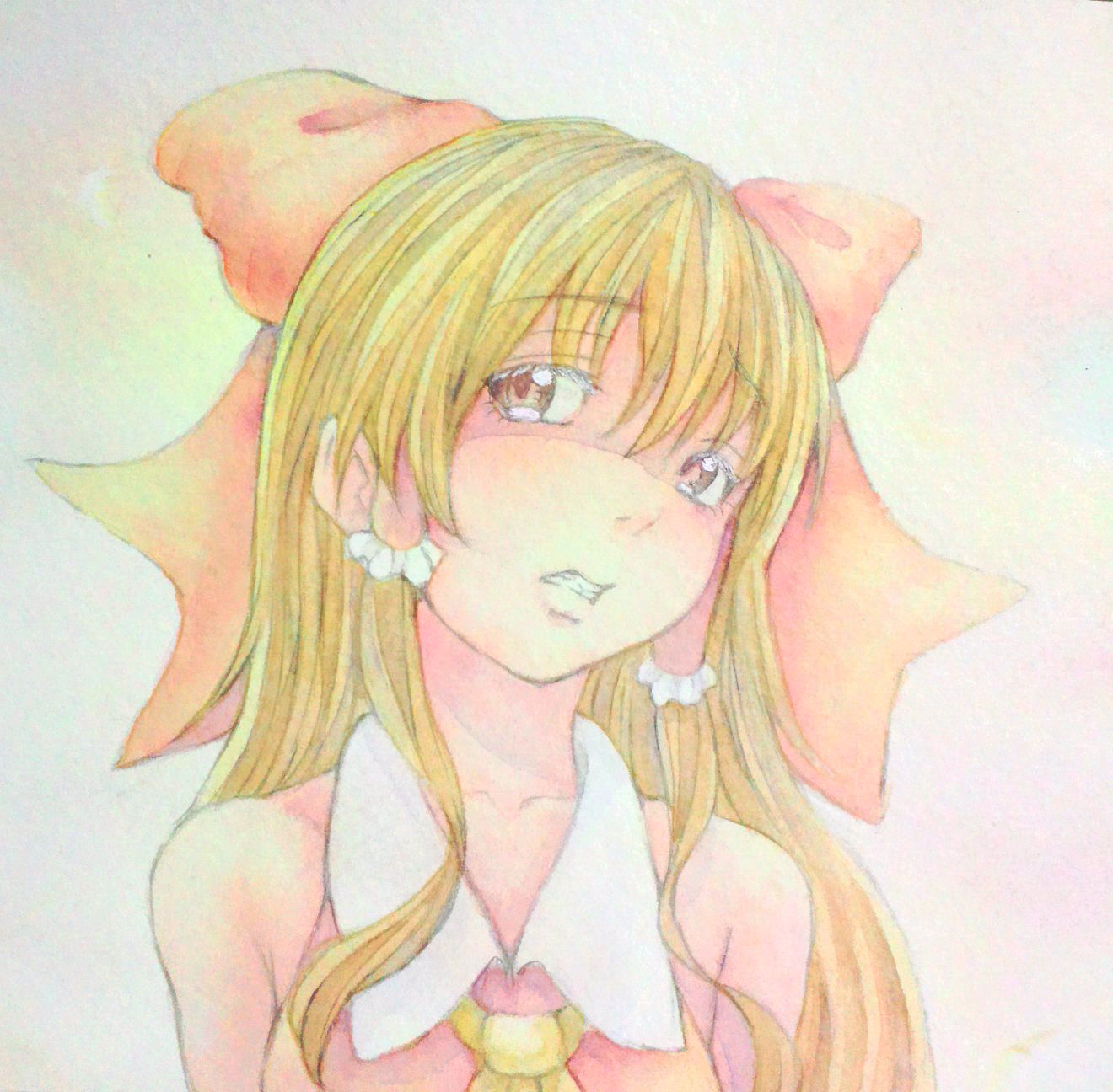 1girl acrylic_paint_(medium) ascot bare_shoulders blonde_hair bow bust clenched_teeth eyelashes gradient gradient_background graphite_(medium) grimace hair_bow hair_tubes hakurei_reimu head_tilt highres long_hair payot simple_background solo touhou traditional_media vest watercolor_(medium) yuyu_(00365676)