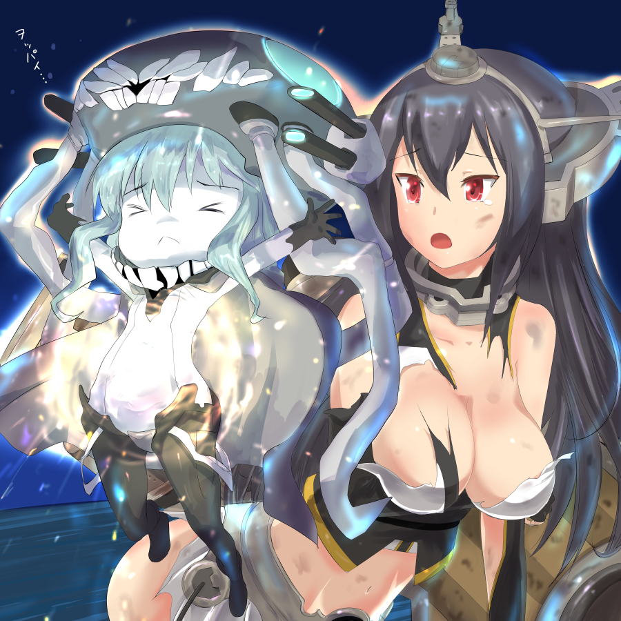 &gt;_&lt; 2girls :o black_hair blue_hair blue_skin breasts chibi kantai_collection long_hair multiple_girls mushi_gyouza nagato_(kantai_collection) navel open_mouth outstretched_arms personification red_eyes shinkaisei-kan spread_arms tears torn_clothes tsurime wo-class_aircraft_carrier