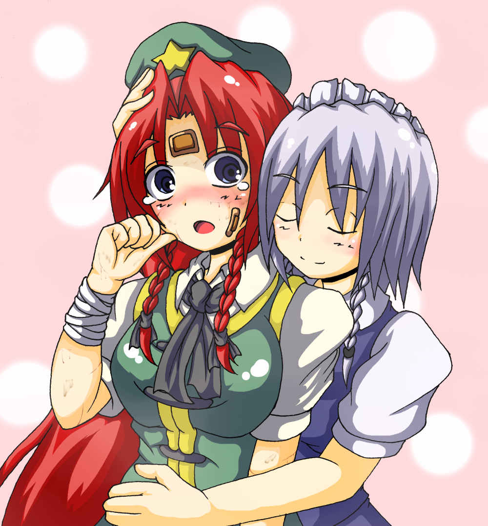 2girls :o arms_at_sides ascot bandages bandaid blue_dress blue_eyes blush blush_stickers braid breasts bruise closed_eyes cuts dress eyebrows green_clothes hand_on_another's_head hat hong_meiling hug hug_from_behind injury izayoi_sakuya long_hair looking_at_another maid maid_headdress multiple_girls puffy_short_sleeves puffy_sleeves redhead short_hair short_sleeves silver_hair smile star tears teikoku_gensui touhou twin_braids