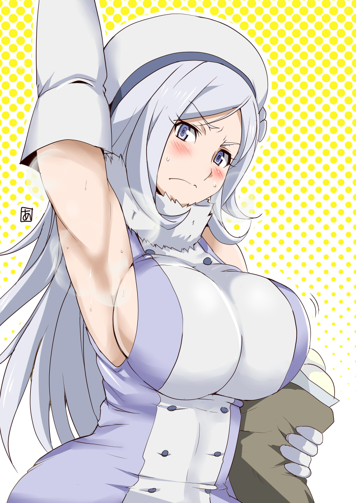 1girl aila_jyrkiainen aoi_manabu armpits blue_eyes blush breasts elbow_gloves frown gloves gundam gundam_build_fighters hat large_breasts long_hair looking_at_viewer raised_eyebrow silver_hair solo