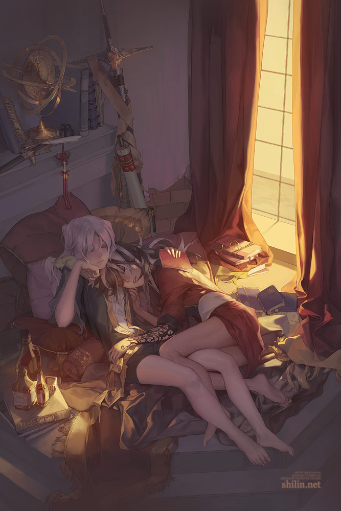 2girls barefoot bed blackbird book bottle brown_hair carciphona chin_rest closed_eyes long_hair lying multiple_girls on_back on_bed on_side parted_lips pillow scroll shilin silver_hair sleeping sword tattoo veloce_visrin weapon window