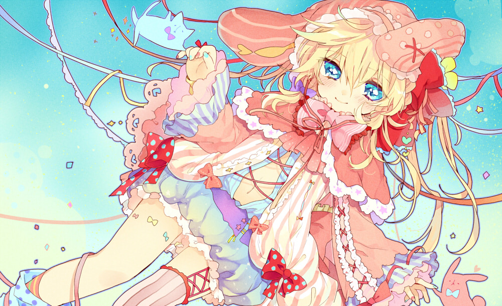 1girl blonde_hair blue_dress blue_eyes blush bow capelet dress hair_bow hat hat_with_ears leg_ribbon long_sleeves looking_at_viewer navel navel_cutout open_clothes open_coat original single_thighhigh smile solo striped striped_legwear thighhighs touyama_soboro wide_sleeves zettai_ryouiki