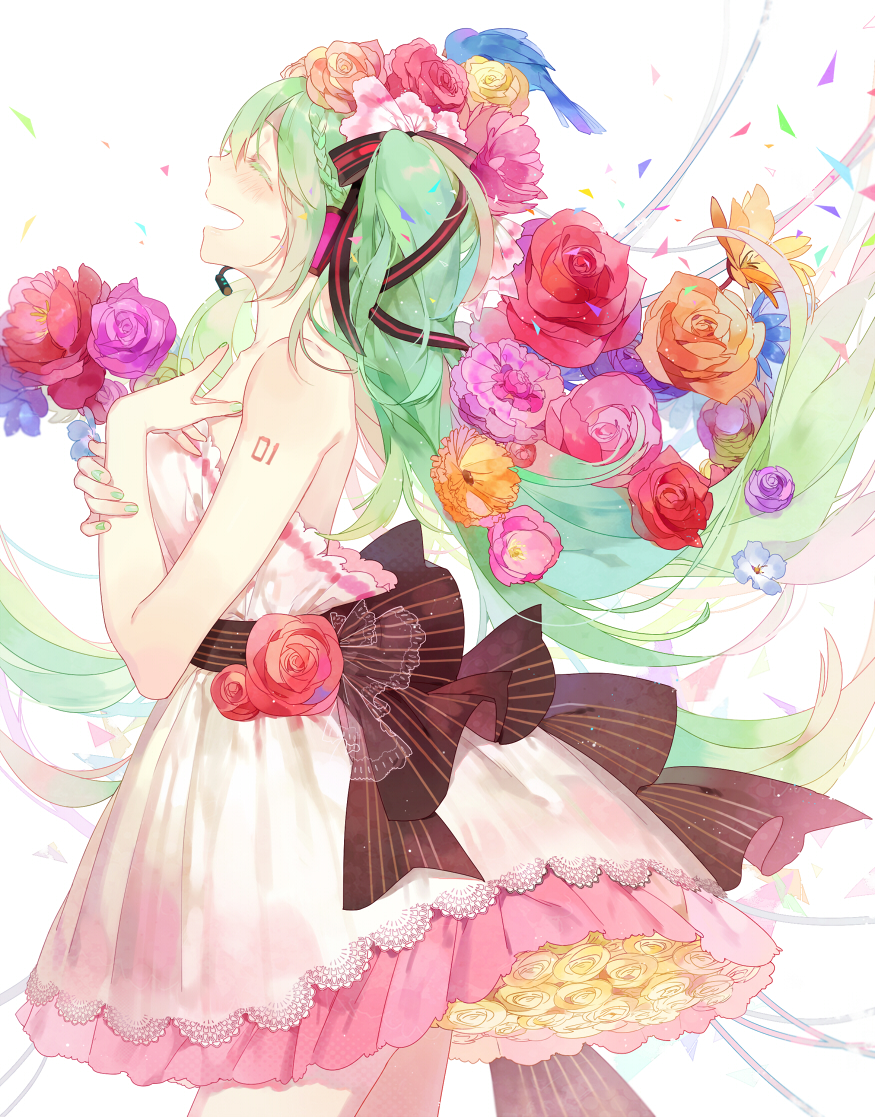 1girl aqua_hair braid closed_eyes dress flower hatsune_miku headset long_hair open_mouth p0ckylo ribbon smile solo twintails vocaloid