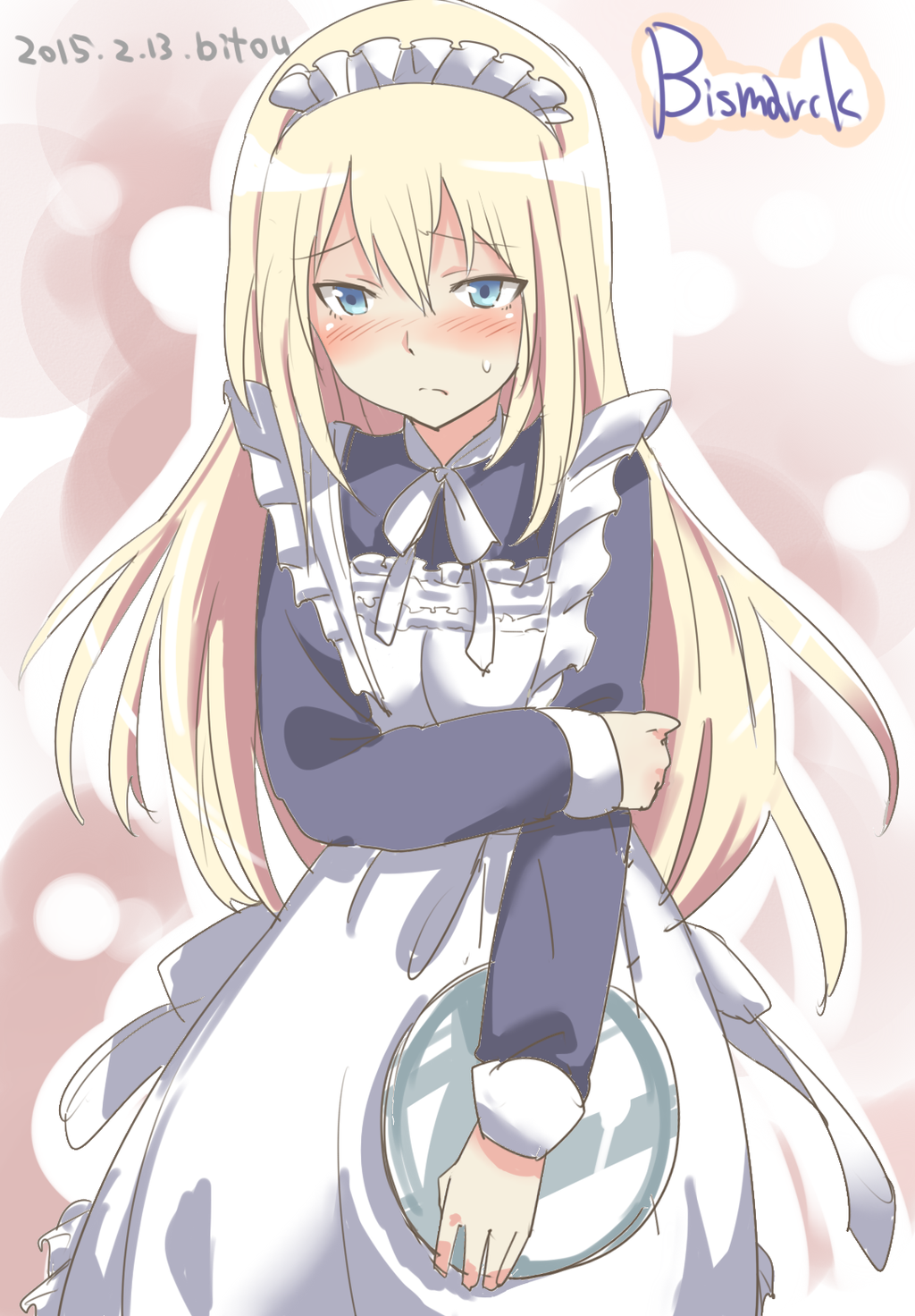 1girl alternate_costume apron artist_name artist_request bismarck_(kantai_collection) blonde_hair blue_eyes blush character_name dated dress embarrassed enmaided frills highres holding kantai_collection long_hair long_sleeves maid maid_headdress plate ribbon solo sweatdrop