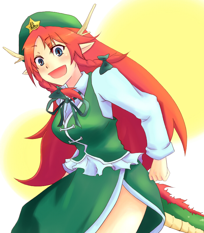 1girl arms_at_sides beret blue_eyes blush_stickers braid breasts chinese_clothes clenched_hands dragon dragon_girl dragon_horns dragon_tail eastern_dragon green_clothes hat hong_meiling hong_meiling_(dragon) large_breasts long_hair long_sleeves looking_at_viewer pointy_ears redhead side_slit slit_pupils smile smiley_face solo star tail tangzhuang touhou twin_braids