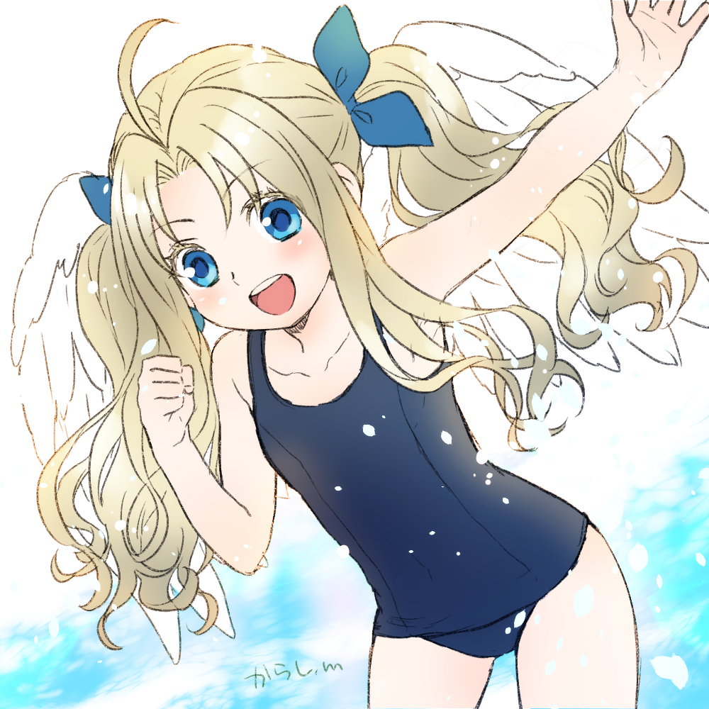 1girl :d ahoge bangs blue_bow blue_eyes blue_swimsuit bow collarbone eyebrows_visible_through_hair firo_(tate_no_yuusha_no_nariagari) flat_chest floating_hair hair_between_eyes hair_bow hair_intakes karashi_minamin leaning_forward long_hair open_mouth outstretched_arm school_swimsuit shiny shiny_hair silver_hair smile solo standing swimsuit tate_no_yuusha_no_nariagari twintails very_long_hair white_background