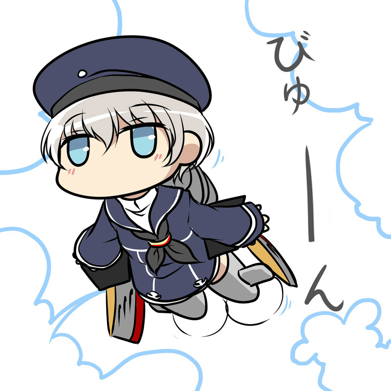 1girl blue_eyes carillus chibi hat kantai_collection parody personification short_hair silver_hair sleeves_past_wrists solo strike_witches striker_unit z1_leberecht_maass_(kantai_collection)