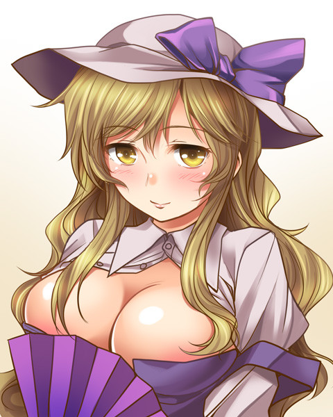 1girl blonde_hair blush breasts fan gradient gradient_background hat hat_ribbon juliet_sleeves kei_kei large_breasts long_hair long_sleeves looking_at_viewer open_clothes open_shirt puffy_sleeves ribbon shirt simple_background smile solo touhou watatsuki_no_toyohime white_shirt yellow_eyes
