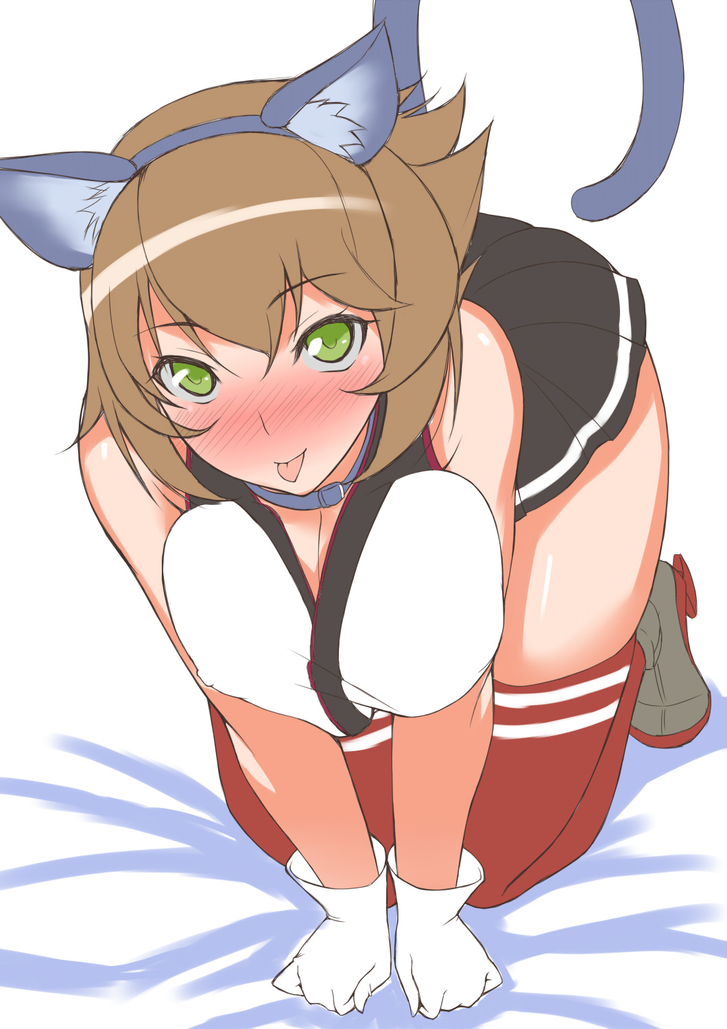1girl :p all_fours animal_ears blush breasts brown_hair cat_ears cat_tail collar gloves highres kantai_collection looking_at_viewer mizuse_kouichi mutsu_(kantai_collection) personification red_legwear rough short_hair skirt solo tail thighhighs tongue tongue_out white_gloves