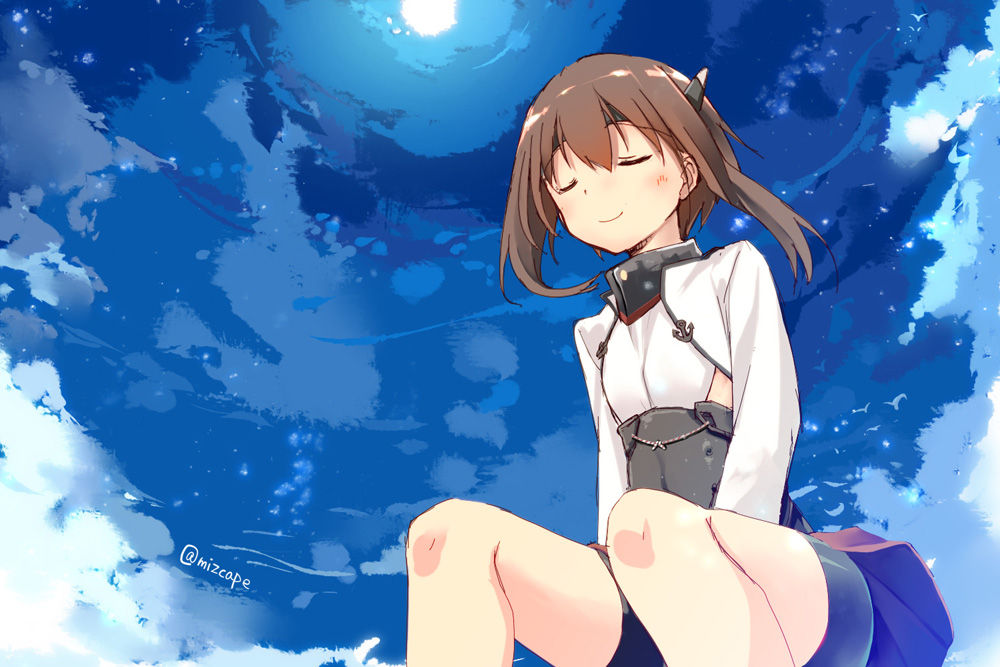 1girl bike_shorts blush brown_hair closed_eyes clouds flat_chest headband kantai_collection miz-capes personification short_hair signature sitting skirt smile solo taihou_(kantai_collection)