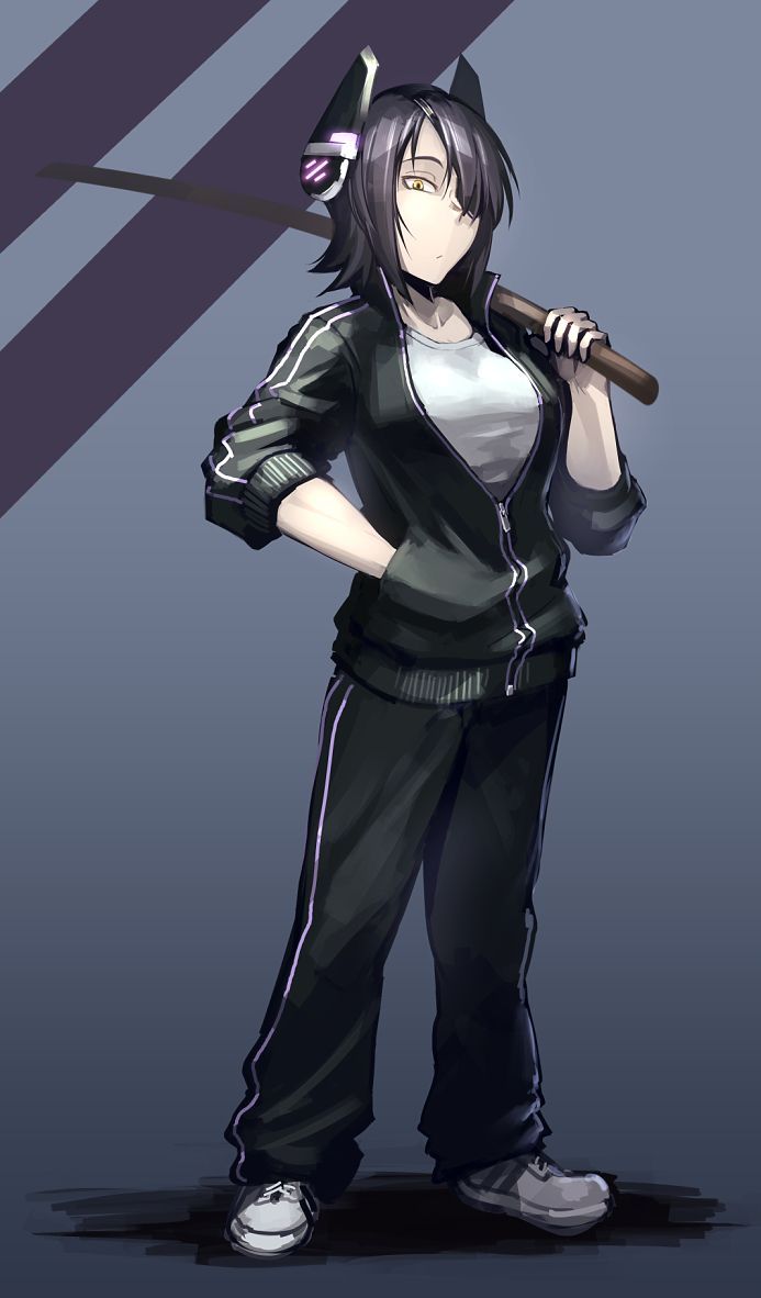 1girl eyepatch hand_in_pocket headgear hetza_(hellshock) kantai_collection open_clothes open_jacket over_shoulder personification purple_hair shoes short_hair sneakers solo tenryuu_(kantai_collection) track_jacket track_pants track_suit weapon weapon_over_shoulder wooden_sword yellow_eyes