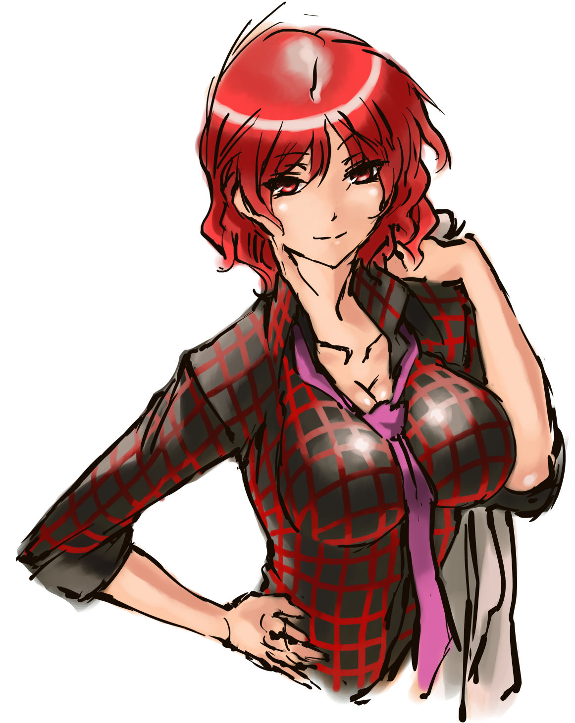 breasts bust cleavage hand_on_hip highres horikawa_raiko impossible_clothes impossible_shirt jacket_over_swimsuit large_breasts nameo_(judgemasterkou) necktie plaid plaid_shirt red_eyes redhead short_hair solo touhou