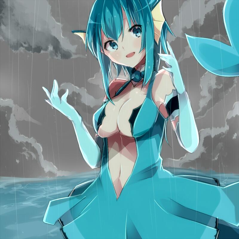 1girl blue_eyes blue_hair breasts center_opening cleavage clouds cloudy_sky elbow_gloves gloves head_fins mermaid monster_girl navel ocean personification pokemon short_hair sky solo takeshima_(nia)