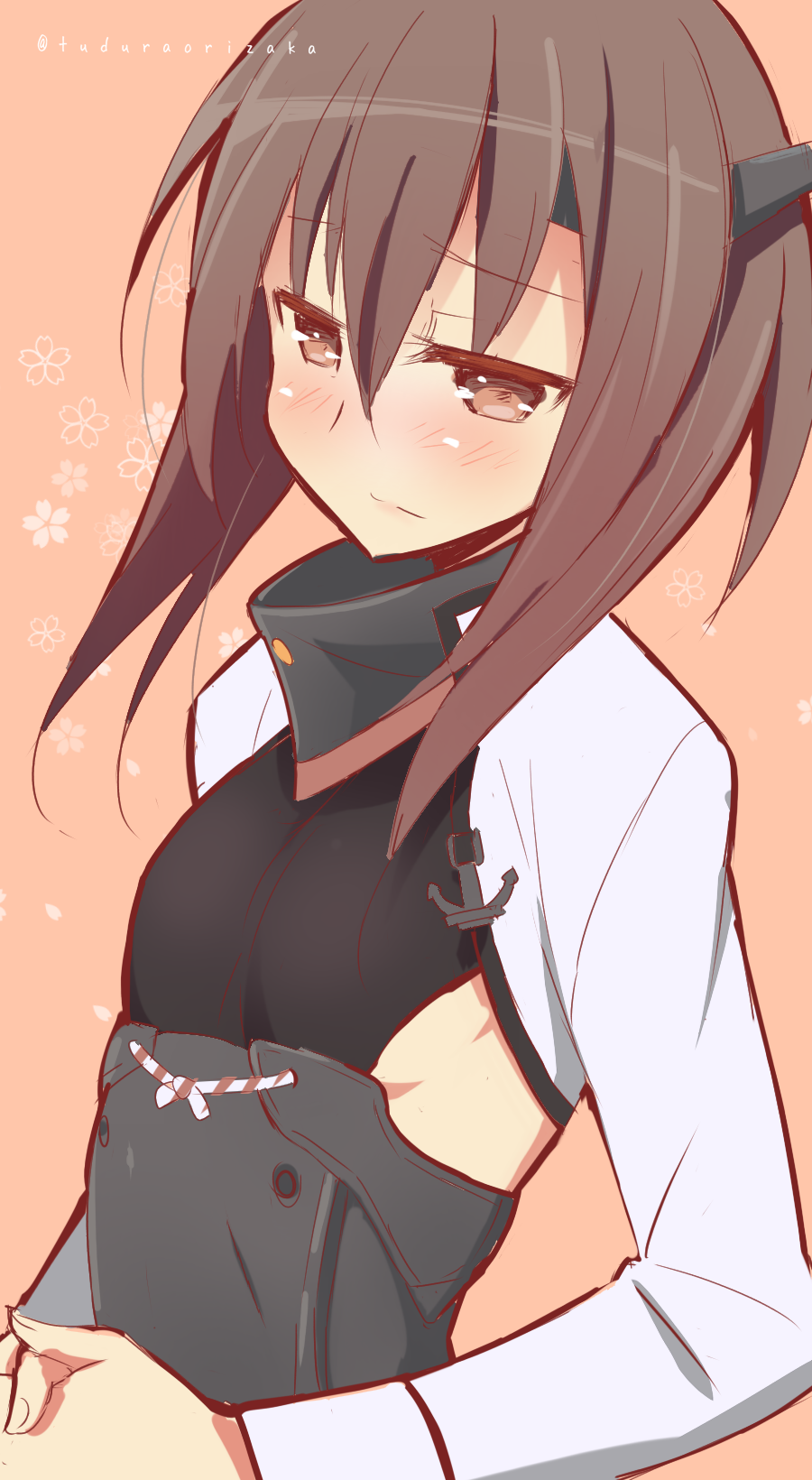 1girl 9law blush brown_eyes brown_hair flat_chest hands_together headgear highres kantai_collection personification short_hair signature solo taihou_(kantai_collection)