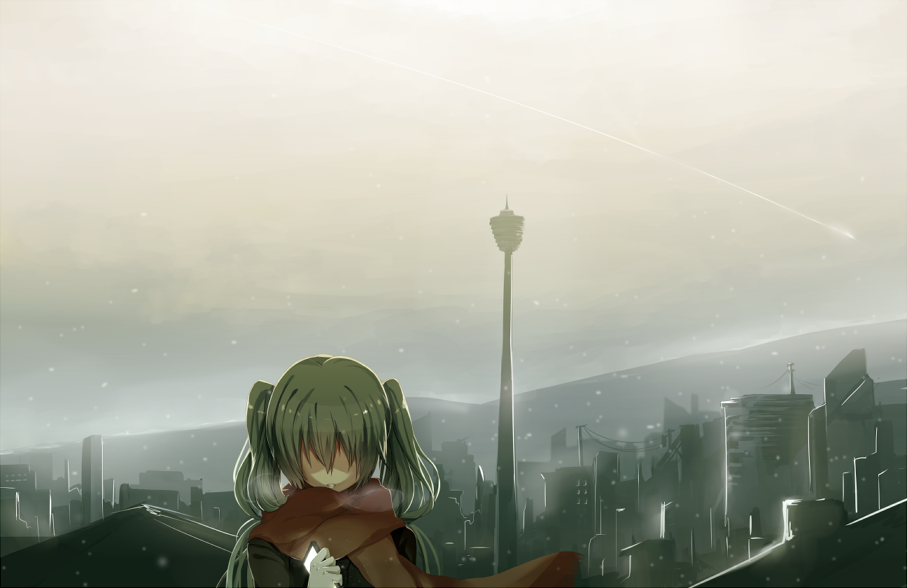 1girl bangs breath cellphone city cityscape clouds cloudy_sky comet faceless faceless_female gloves green_hair hajimete_no_koi_ga_owaru_toki_(vocaloid) hatsune_miku hews_hack holding mountain phone scarf short_twintails sky snowing solo twintails vocaloid