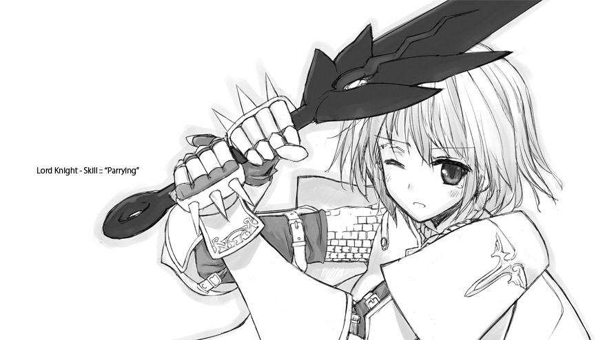 character_name isizuaki lord_knight monochrome ragnarok_online short_hair simple_background solo sword weapon white_background