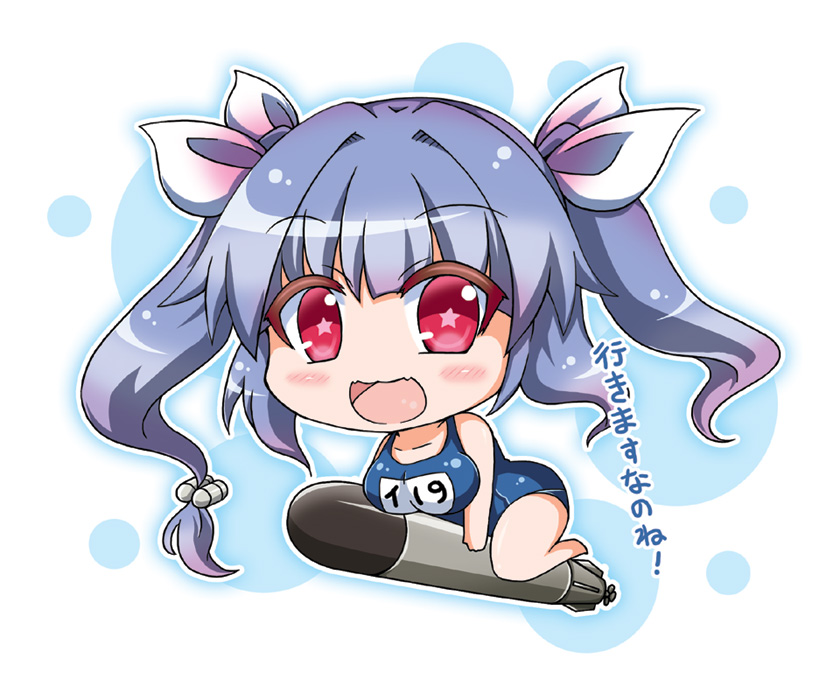 1girl blue_hair blush breasts chibi fang hair_ornament hair_ribbon i-19_(kantai_collection) kantai_collection long_hair mount name_tag noai_nioshi one-piece_swimsuit open_mouth personification red_eyes ribbon school_swimsuit star star-shaped_pupils swimsuit symbol-shaped_pupils text torpedo