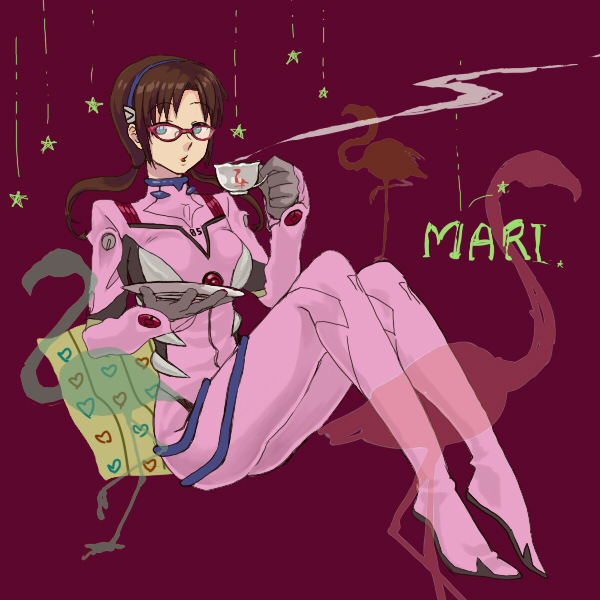 1girl bird brown_hair character_name cup flamingo glasses hairband low_twintails makinami_mari_illustrious moiko neon_genesis_evangelion parted_lips plate plugsuit rebuild_of_evangelion sitting solo star steam teacup twintails