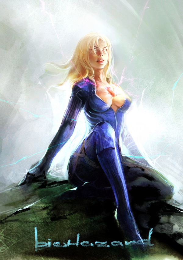 1girl blonde_hair blue_eyes bodysuit breasts jill_valentine long_hair resident_evil resident_evil_5 richard_michaud solo traditional_media watercolor_(medium)